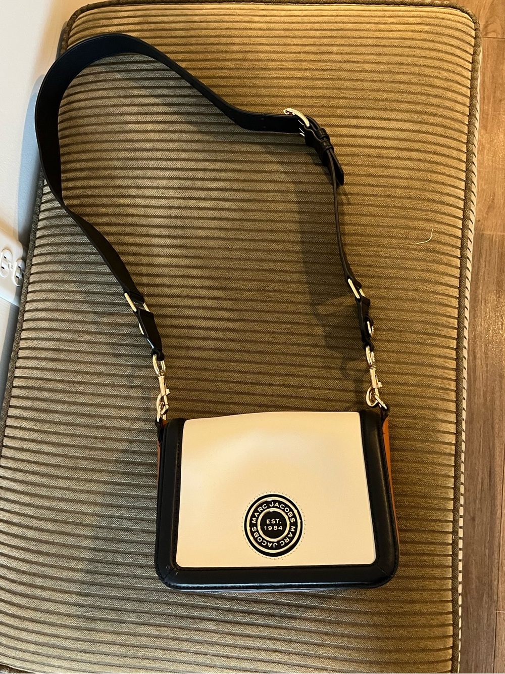 Marc Jacobs Cream and Black Crossbody Shoulder Bag with Logo Patch